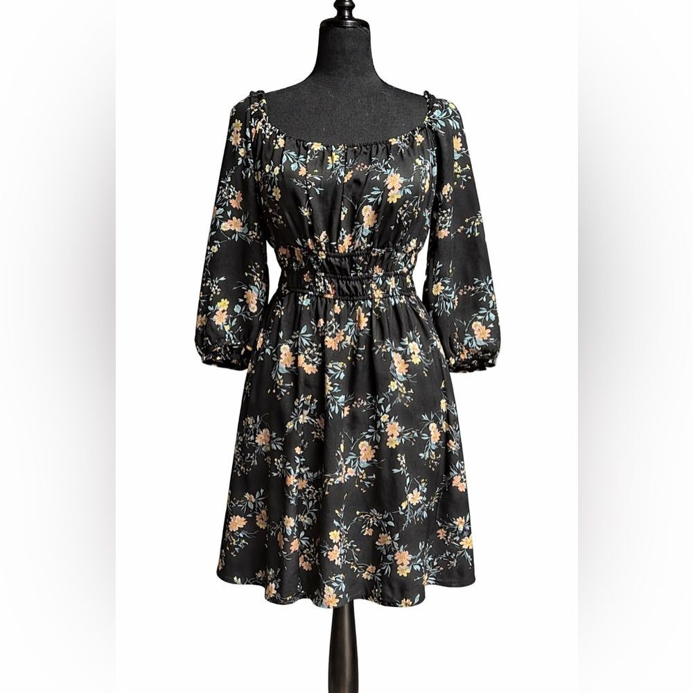 A.U.W Black Floral Long Sleeve Mini Dress Smocked Waist Size Large